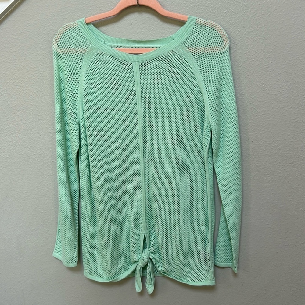 Dana Buchman Long Sleeve Open Knit Knot Mist Mint Green Tie Front Top, medium